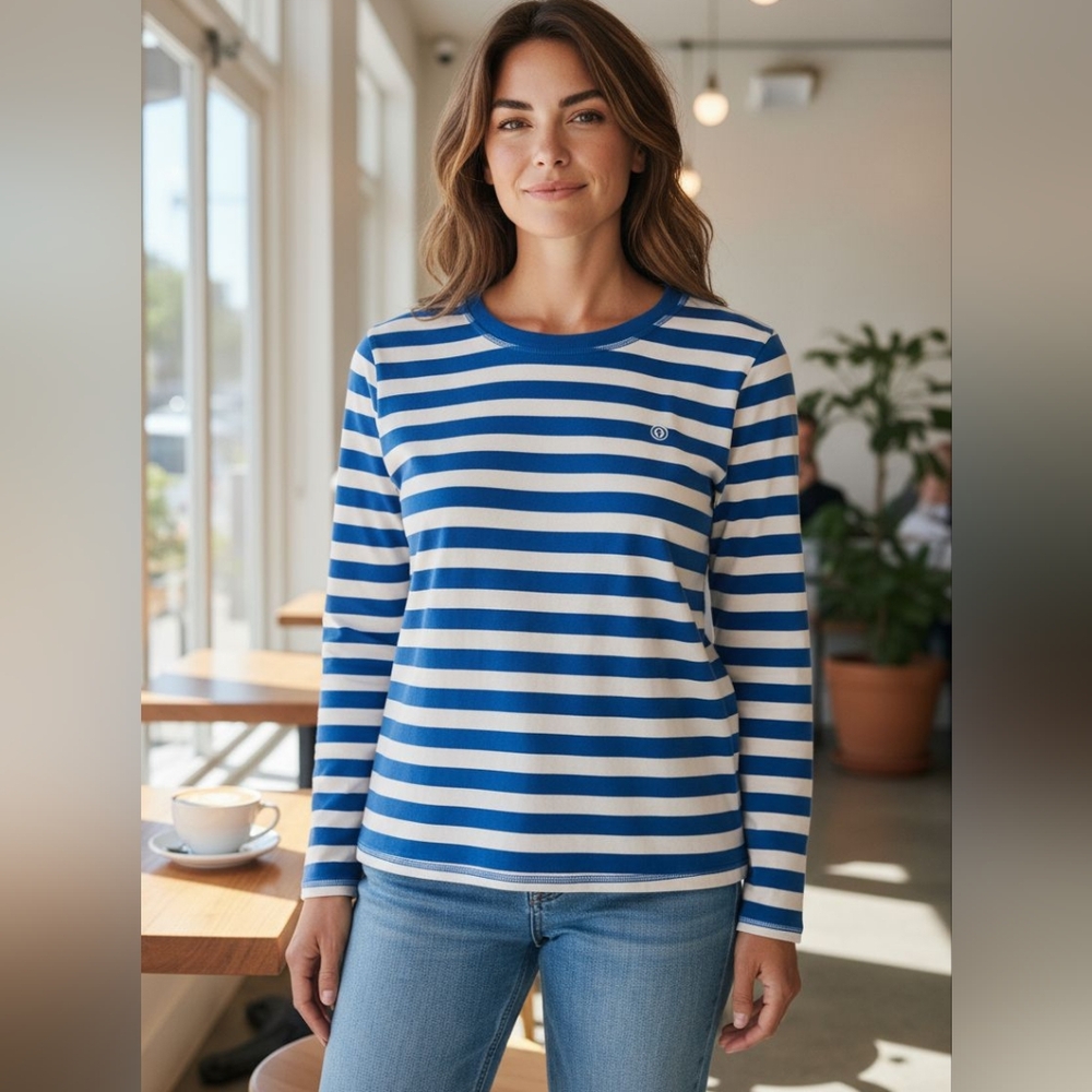Talbots Tee Fleur French Stripe L Blue White Long Sleeve Coast Casual Nautical